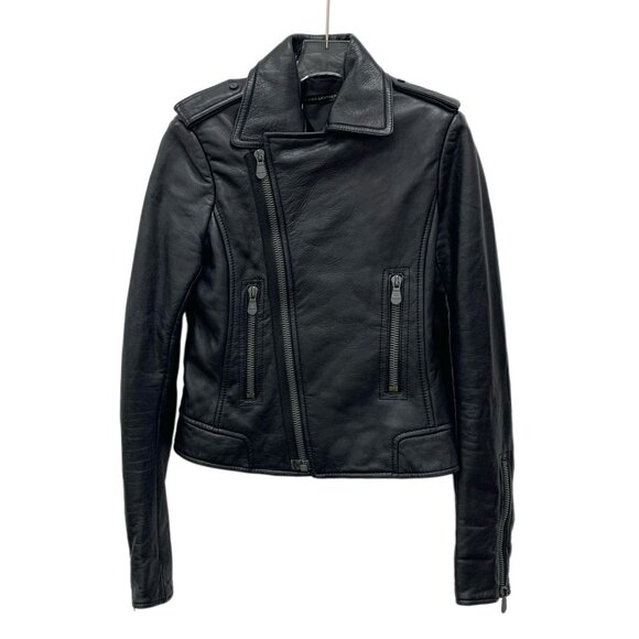 J19633 Balenciaga Black sheepskin lapel long sleeve zipper leather jacket jacket - Picture 1 of 8